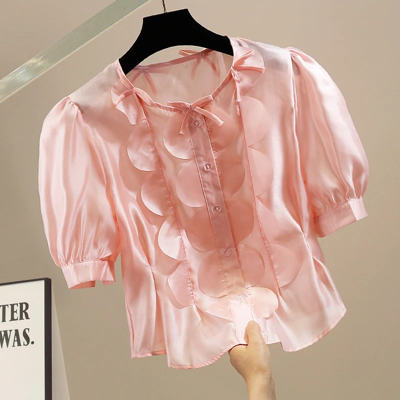 

Модный атласный топ с круглым вырезом, приталенный, с коротким рукавом-фонариком, однотонный, для повседневной носки