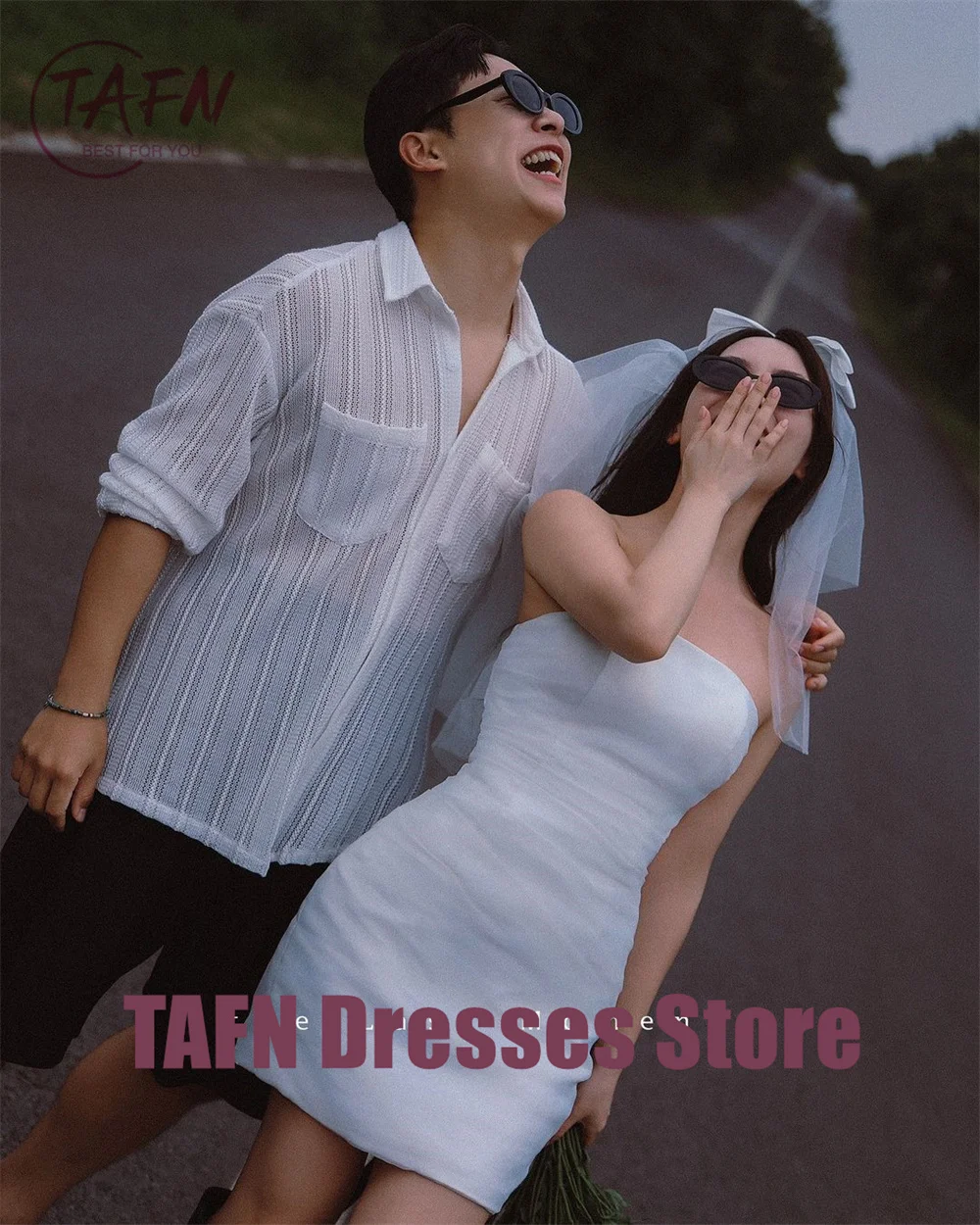 TAFN Korea Simple Short Wedding Reception Dresses Photo Shoot Strapless Bridal Gown Mini Sleeveless Evening Party Dress