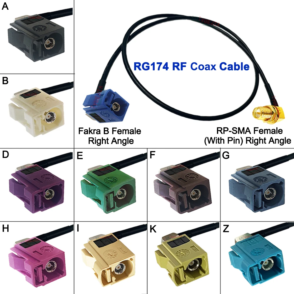 

Fakra Type Cable RP-SMA Female Jack 90° to Fakra A/B/C/D/E/F/G/H/I/K/Z Female Jack Right Angle Connector RG-174 RF Coaxial Cable