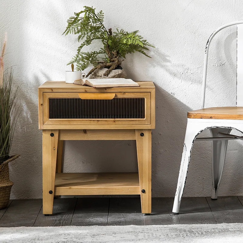 Log style small fresh bedside table living room sofa drawer sideboard afternoon tea small squaretable Japanese retro bedside ta