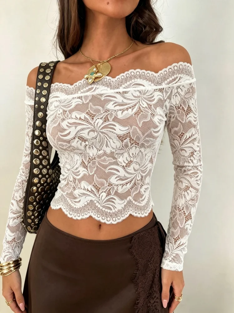 New Women Sexy Y2K Sheer Floral Lace Blouse Off‑shoulder Scalloped Edge Long Sleeve Slim‑fit Elegant Daily Party Cropped Tops