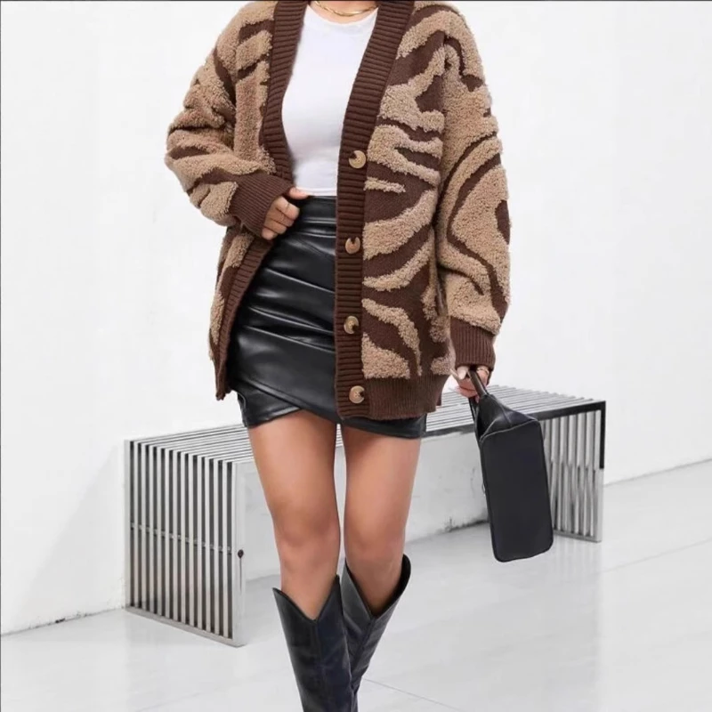 Cardigan Women Sweaters Leopard Print V Neck Full Sleeve Jumpers Y2k Streetwear Elegant Splice Knit Open Stith Autumn Winter 2