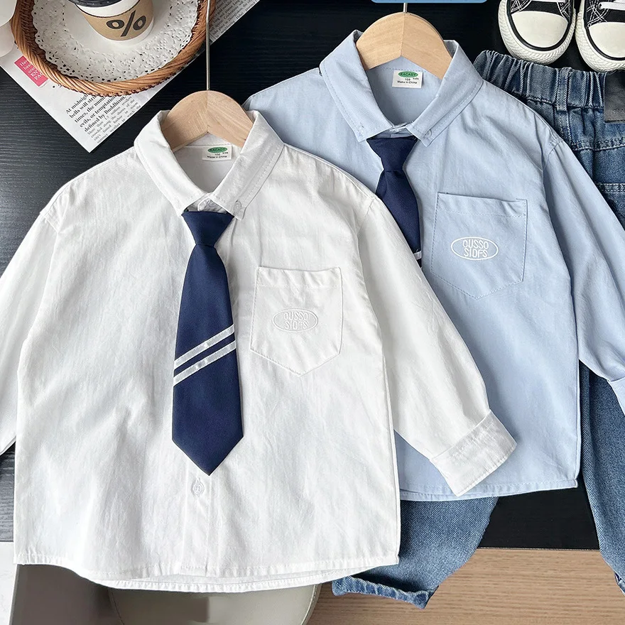 

Baby Boys T-shirt Autumn New Letter Embroidery Pocket Tie Toddler Boys Shirts Turn Down Collar Single Breasted 3-10Y Boys Tops