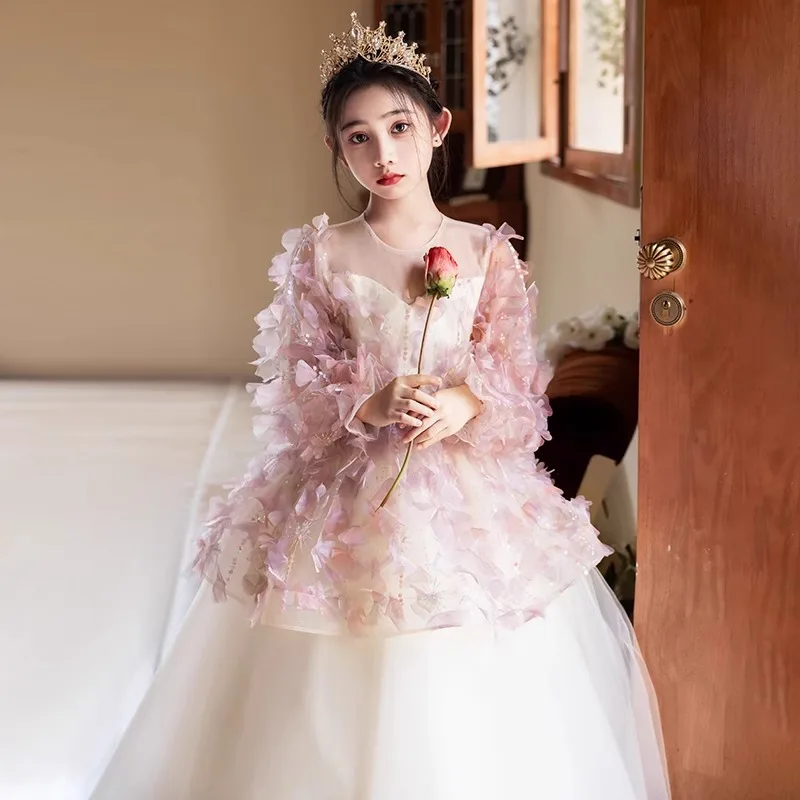 Girls' Evening Dress Spring and Autumn Light Luxury Niche High-end Flower Girl Little Girl Princess Dress Children's Host Perfor