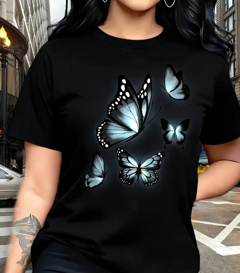 Butterfly Graphic T Shirt for Women Elegant Insect Print Short Sleeve Top Casual Daily Streetwear Fashion Party Dating Holiday