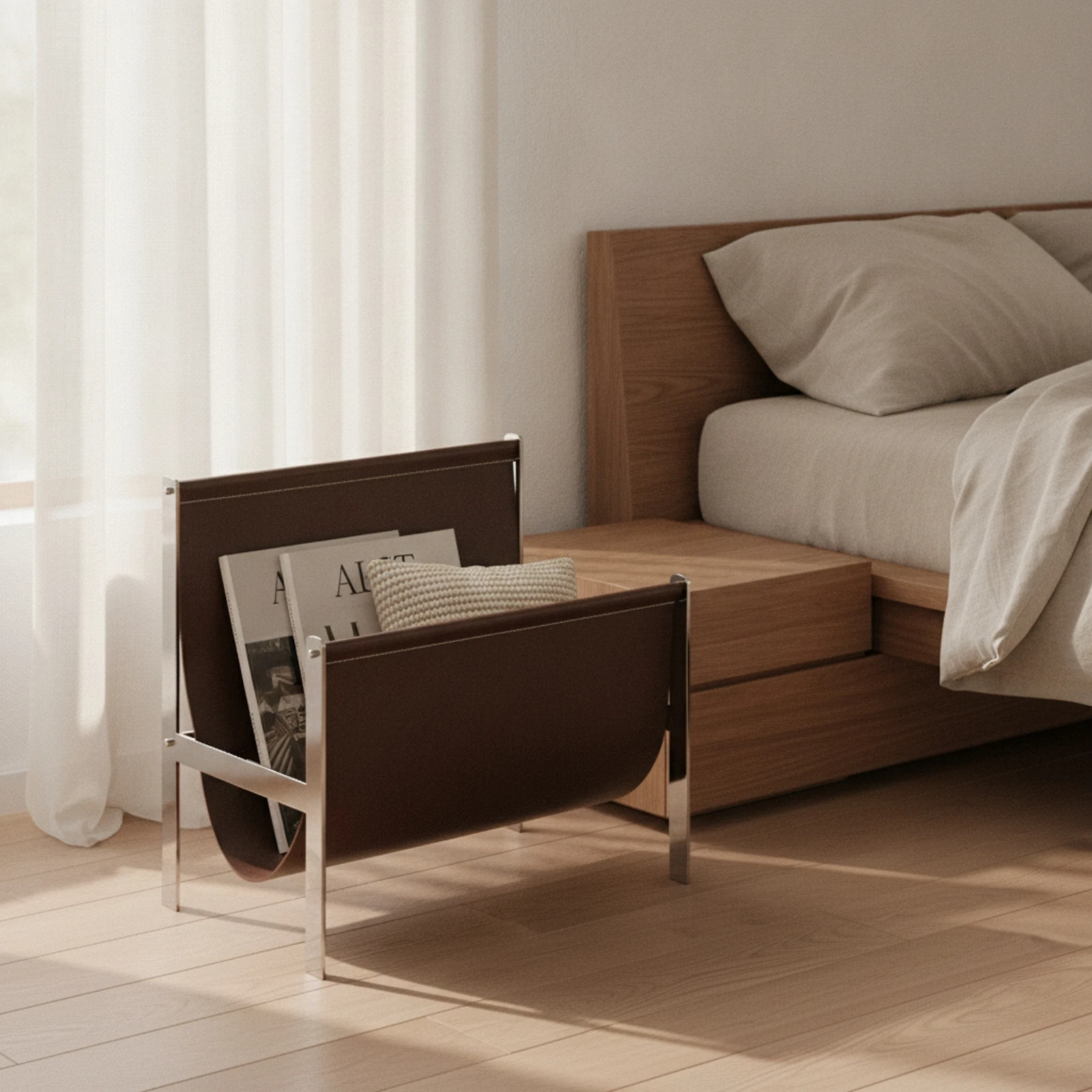 Magazine Rack with Leather Sling Slimline Magazine Rack with Metal Frame Modern Contemporary for Readers, Living Room