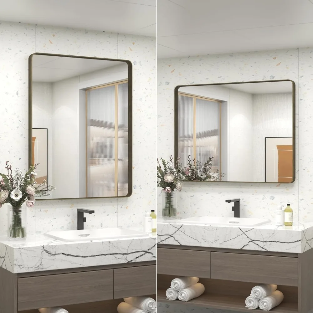 Miroir de salle de bain en bronze 24x32 avec cadre rectangulaire arrondi, finition brossée, mural pour suspension horizontale ou verticale