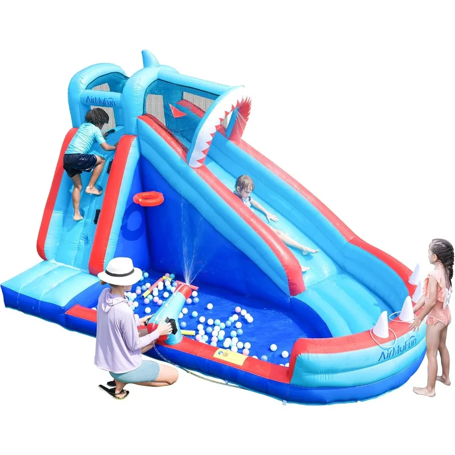 Casa di rimbalzo, casa gonfiabile gonfiabile a tema squali con scivolo, parco acquatico per bambini con scivoli d'acqua Castello di buttafuori