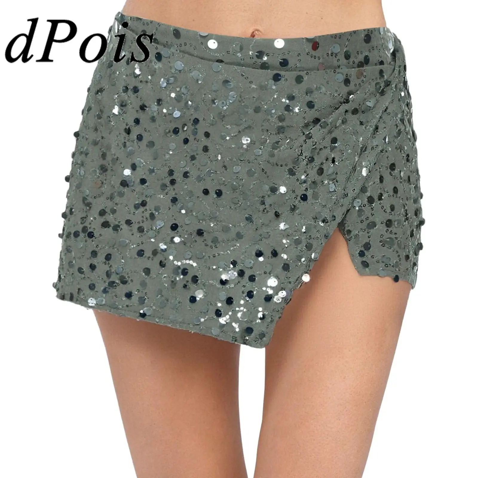 

Womens Glittery Sequin A-line Miniskirt Wrap Hem Ruched Zipper Built-in Shorts Skirt Culottes Skorts Vacation Party Mini Skirts