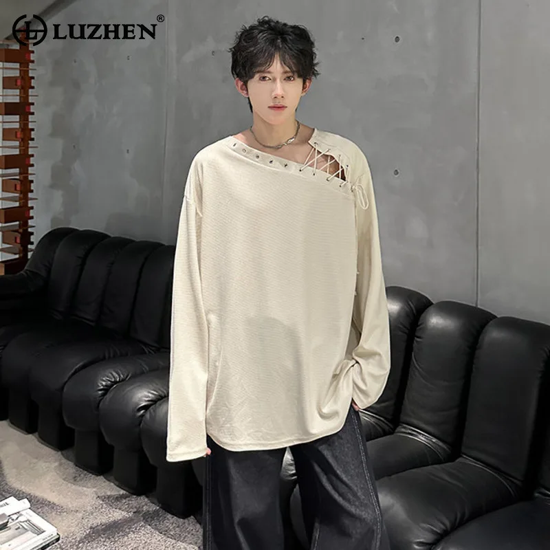 

LUZHEN модные персонализированные оригинальные футболки с косым воротником и длинными рукавами, мужские осенние новые стильные красивые топы 2025 года JY4440