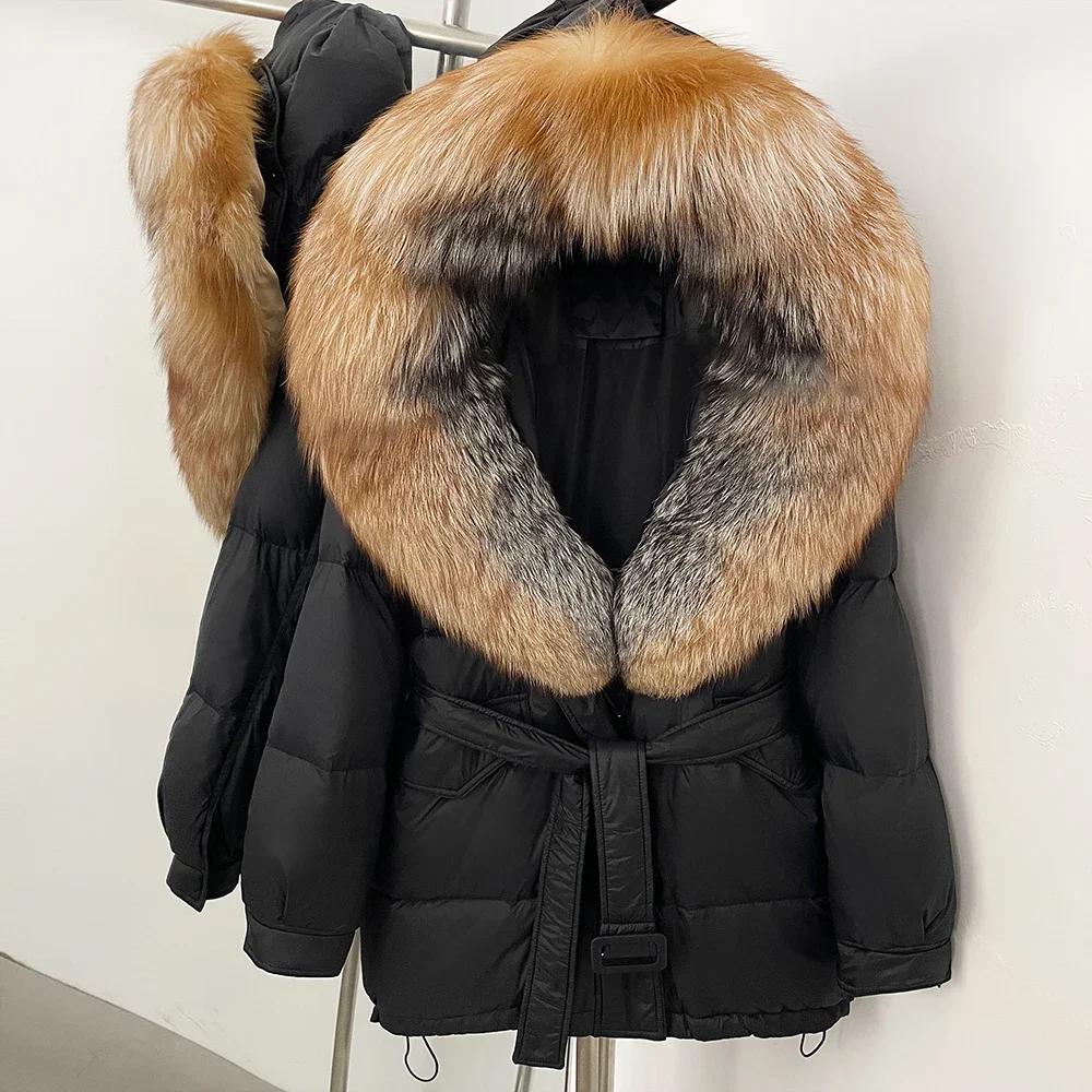 Large Fox Fur Collar Hooded Duck Down Coat Warm Women Winter Reality Fur Jacket 2025 Thick Parkas Outwear Female Puffer Jacket