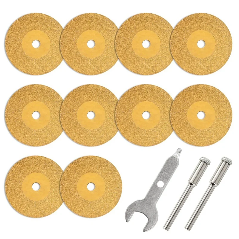 10Pcs Diamond Cutting Titanium Coating Disc Cut Off Wheels With 2Pcs Mandrel, For Rotary Tool Attachments(25Mm)