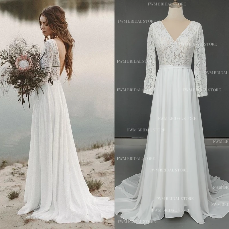 

#3049 100%Real Photos Custom Size Simple Long Sleeves Lace Backless Beach Party Wedding Dress For Plus Size Women Bridal Gown