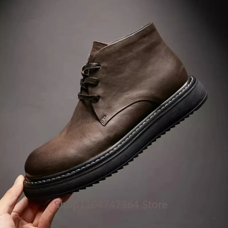 

British Style High Top Genuine Leather Retro Motorcycle Boots Men's Shoes Work Casual Outdoor Platform Cowhide Desert Boots Male