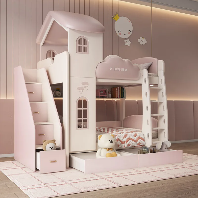 Children's princess high and low bed simple style pink high and low bed multi-functional child and mother bed, simple style