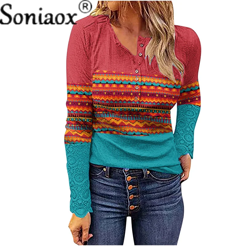 

Retro Knitted Tops Women's Geometry Print Button V Neck Pullover Lace Long Sleeves T-shirt New Slim Fit Lady Commuter Streetwear