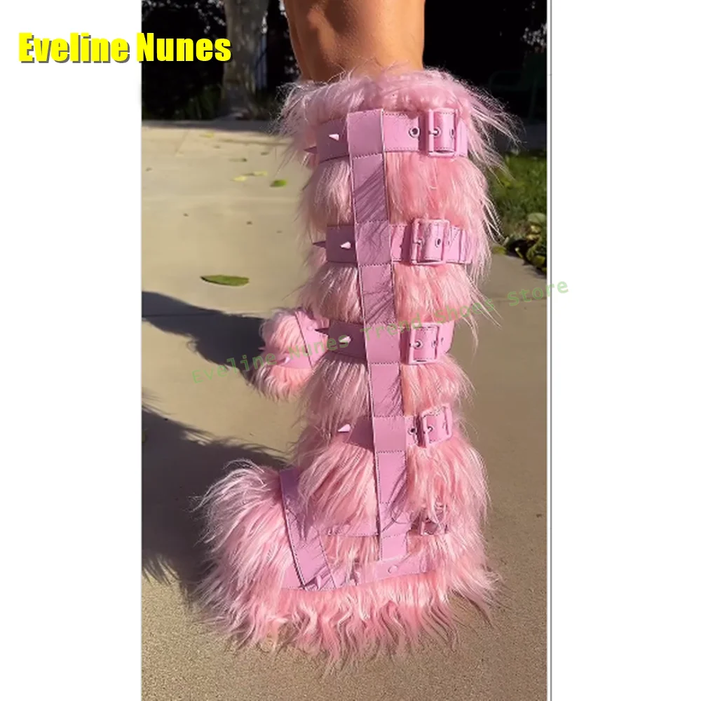 Pink Fur Platform Rivet Cosplay Boots Round Toe Thick Sole Sweet Cross Tied Y2K Lolita Plus Size Knee High Boots Punk 2025 Trend