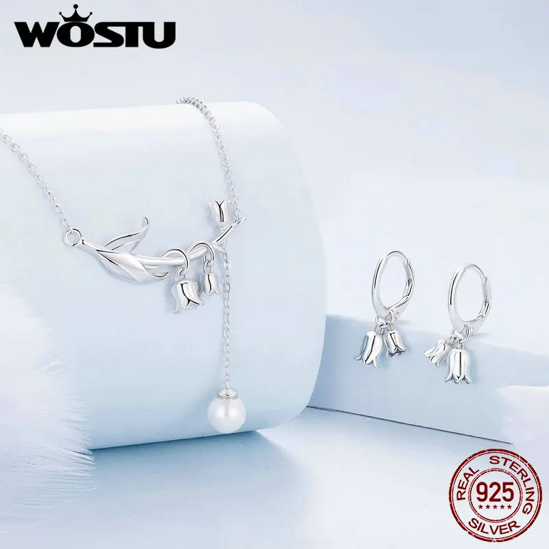 WOSTU Real 925 Sterling Silver lilia doliny naszyjnik kwiatowy perły kropla wisiorek kolczyki zestaw biżuteria na przyjęcie weselne prezent