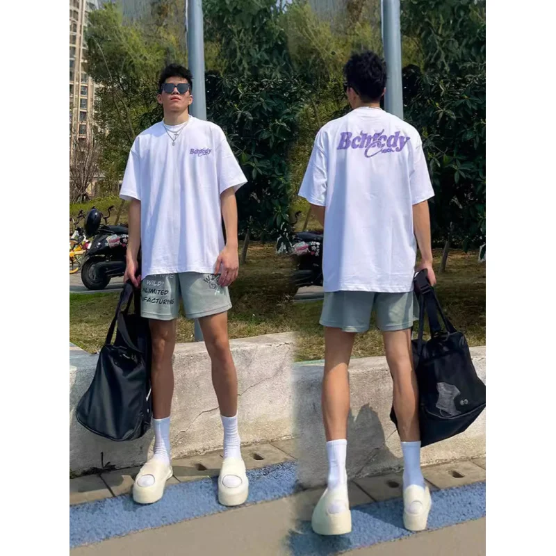 

American Hip-Hop Graffiti Letter Heavy Cotton Short SleeveTMen's T-shirtinsTrendy Summer High Street Retro Loose Top