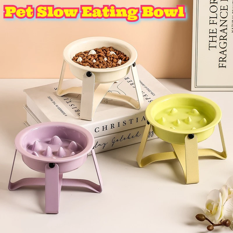 

Slow Feeder Bowl Iron Stand Elevated Pet Dish Cat Dog Food Water Bowl Anti Tilt Design Neck Support Feeding Non Slip Base Home