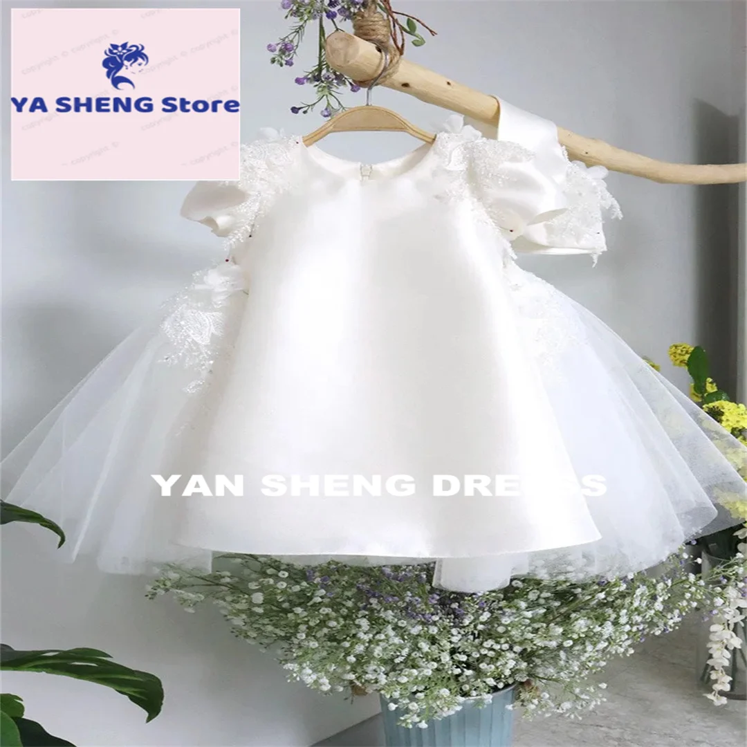 Customized Flower Girl Dress for Wedding O-neck With Bow Floor Length Short Sleeve Kid First Communion Pageant Birthday Ball Gow