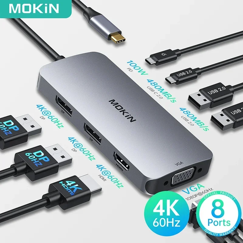 MOKiN 8 In 1 USB C Hub Docking Station DP HDMI VGA USB C 2.0 Multi Monitor Adapter PD Charging Port for HP Laptop