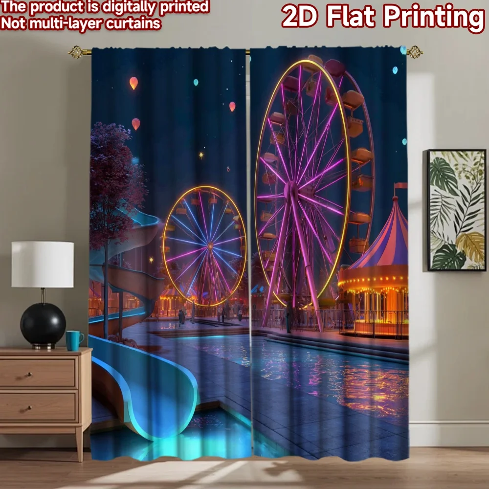 2D flat printing 2pcs Curtain Amusement park night Ferris wheel Digital Printed Polyester Drapes Family Party for All Occasions