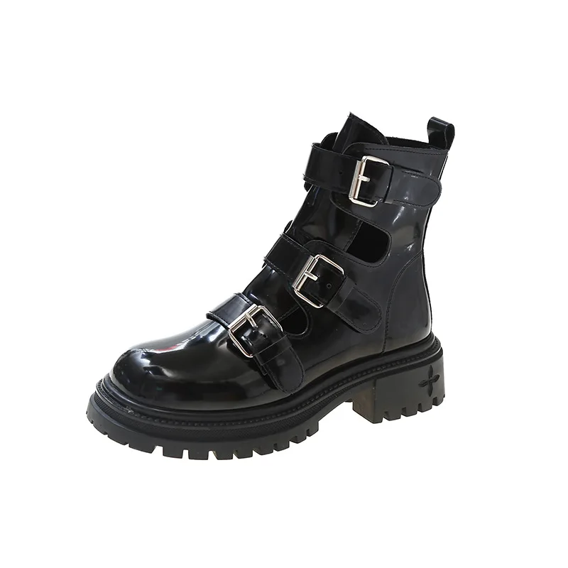 Med Heel buty skórzane buty damskie buty-kobiety luksusowy projektant okrągłe Toe obuwie zimowe Rock Autumn Ankle 2022 Fashion Ladies