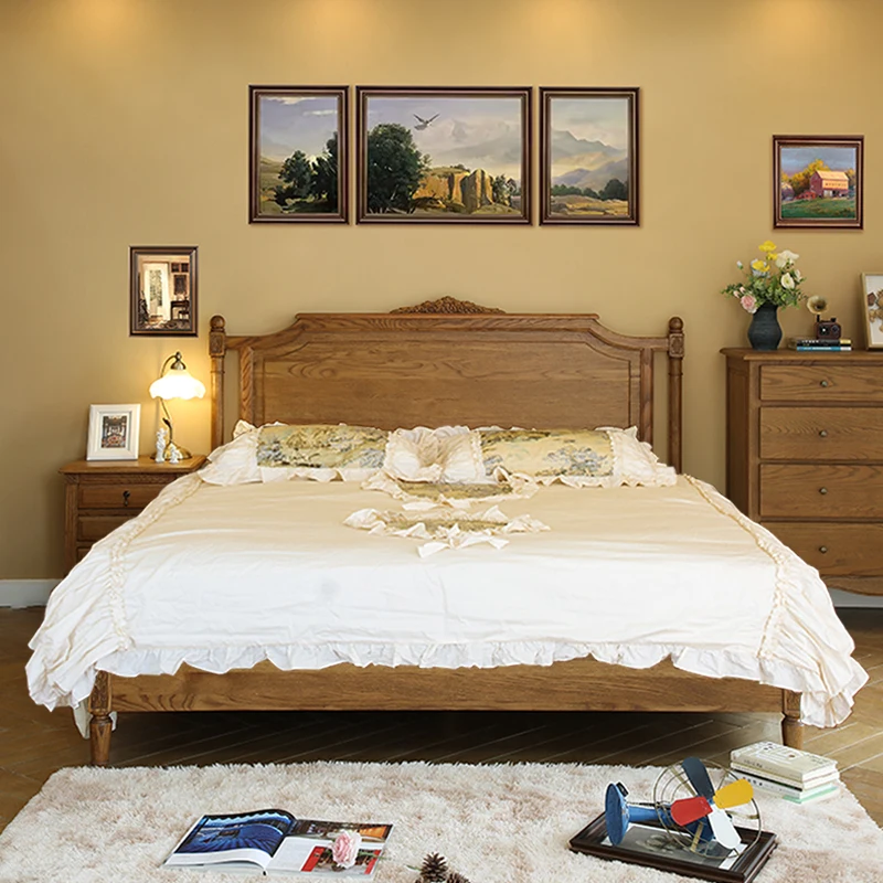 French all solid wood queen bed American country oak master bedroom wedding bed with sensor light retro single double princess b