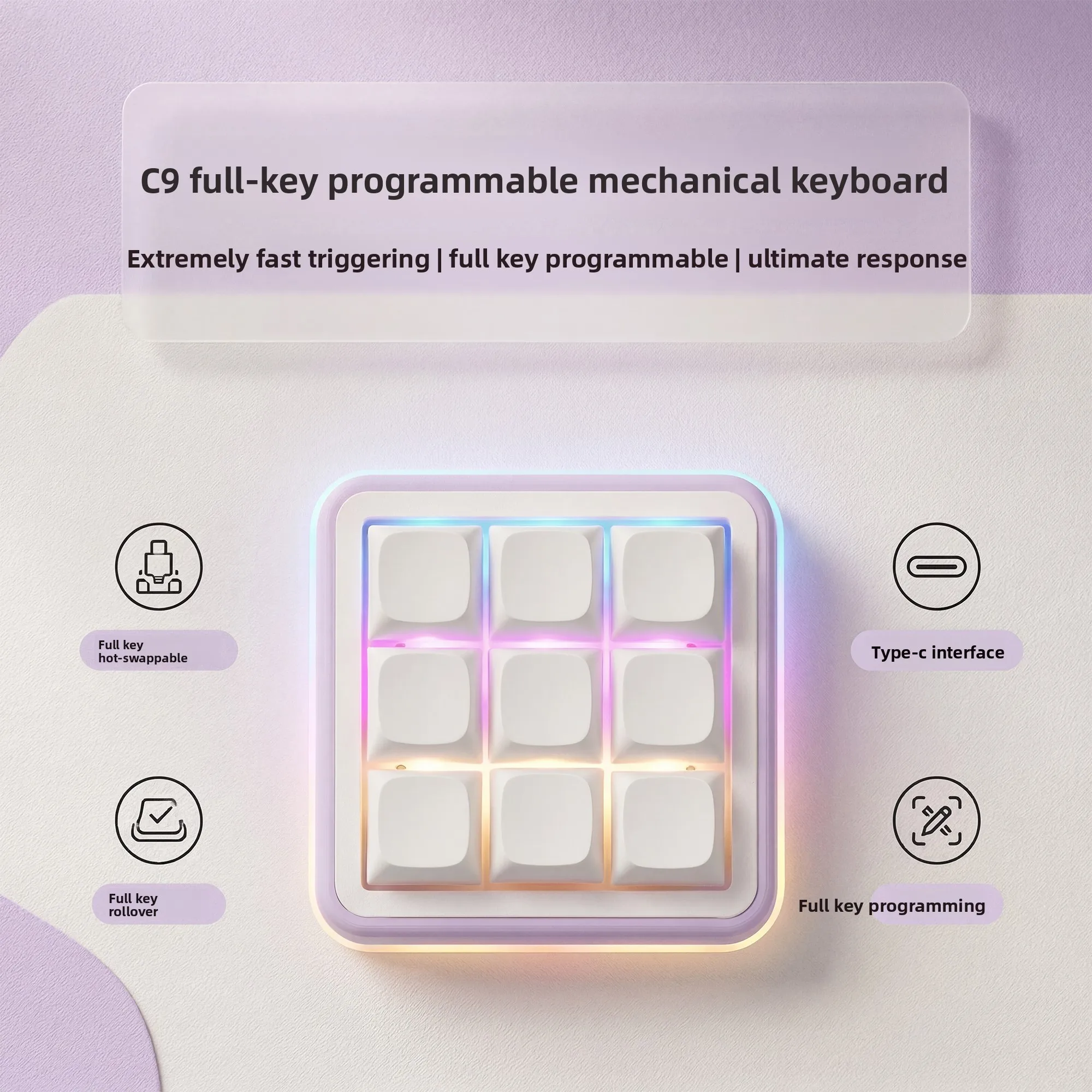 Custom C9 9-Key Programmable Mechanical Macro Pad, Mini OSU Rhythm Game Keypad, Custom Mapping Auxiliary Keyboard