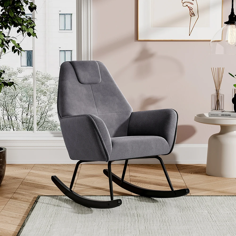 Comfy Grey Frosted Velvet Rocking Chair For Living Room Bedroom