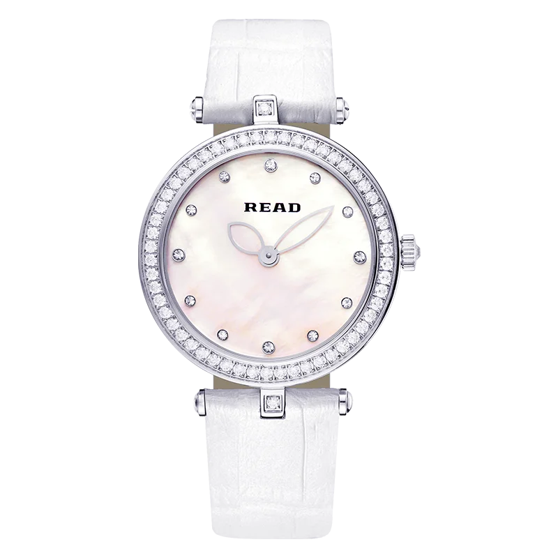 READ Ladies Quartz Watch | White PU Band | Soft Iridescent Dial | Dot Hour Markers | Decor Bezel | 30M Daily Water Resistant