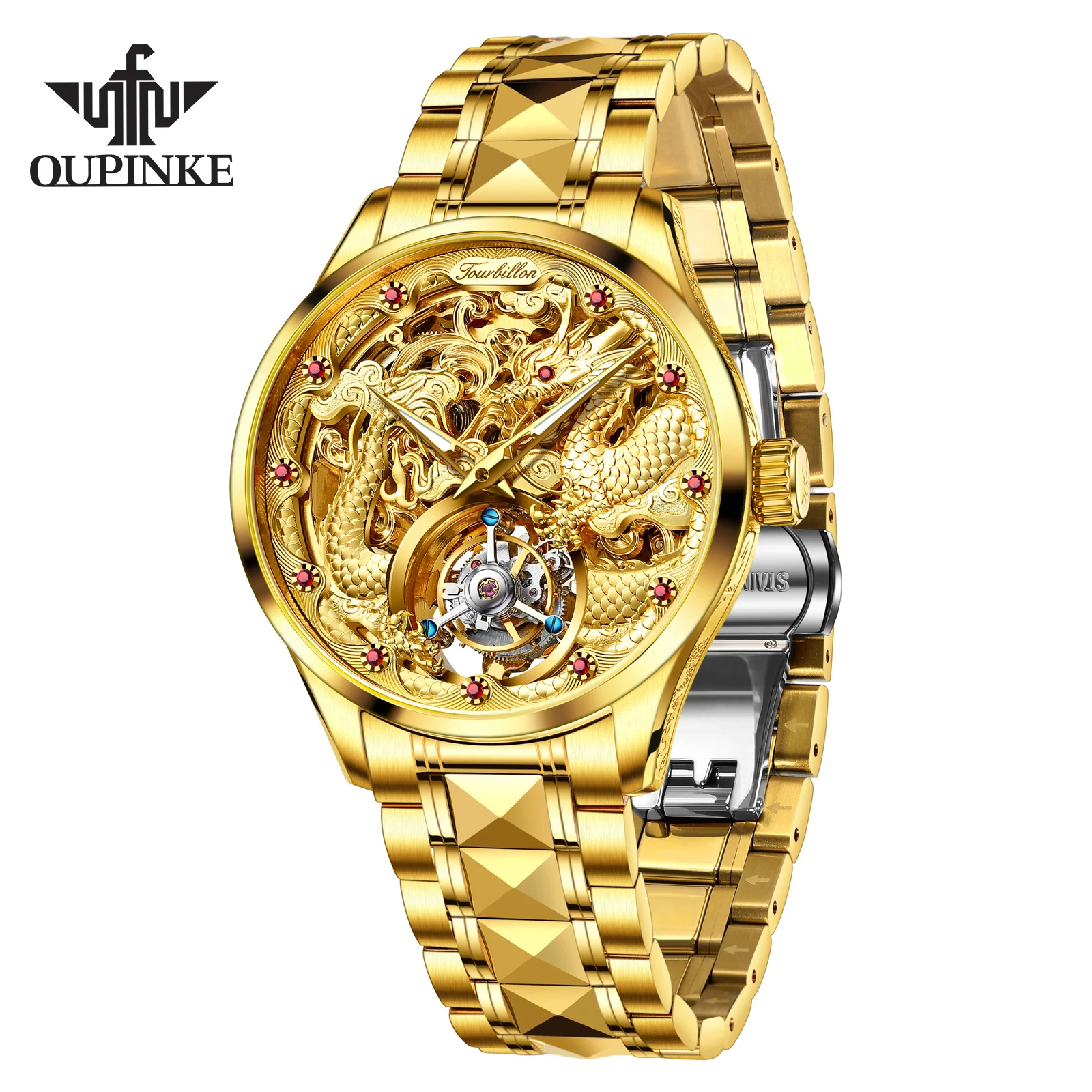 OUPINKE 3176 Tourbillon Watch for Men Luxury Original Skeleton Flywheel Gold Dragon Watch Automatic Mechanical Men's Wristwatch