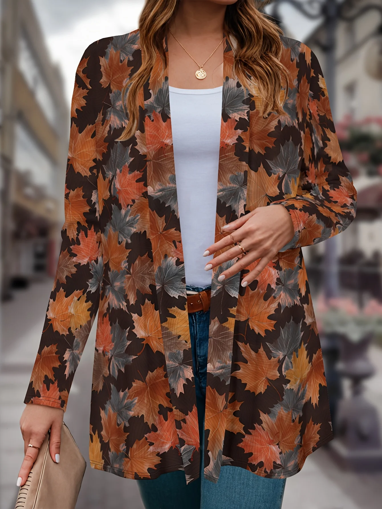 

Модный женский кардиган с длинными рукавами и принтом кленового листа, полиэстер с открытой передней частью, легкая накидка, весенне-осеннее повседневное пальто