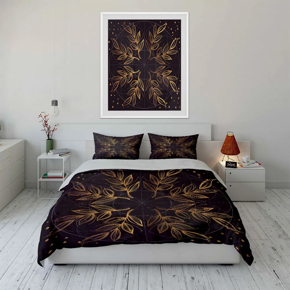 Golden branches with geometric circular Print Soft Comfortable Duvet Cover Bedding Set Included 1*Duvet Cover  2*Pillowcases
