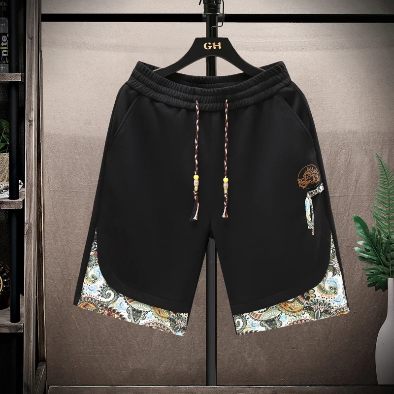 Men's Patchwork Boho Shorts with Beaded Drawstring - Elastic Waist & Ethnic Side Panels for Festival & Vacation