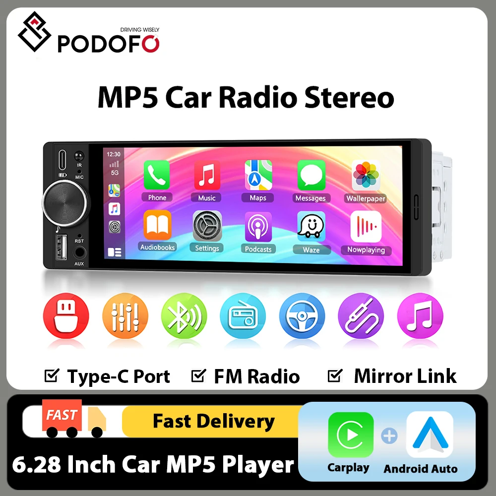 Reproductor MP5 Universal para Auto Podofo 1DIN de 6.28 Pulgadas con CarPlay Inalámbrico Integrado, Compatible con Android Auto, Mirrorlink, BT, FM y Cámara de Visión Trasera
