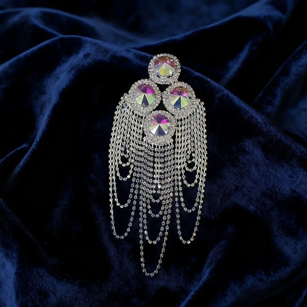 Exquisite Peacock Tassel Chain Epaulette Rhinestone Cool Brooch Shoulder Board High-end Punk Jacket Shoulder Chain Men