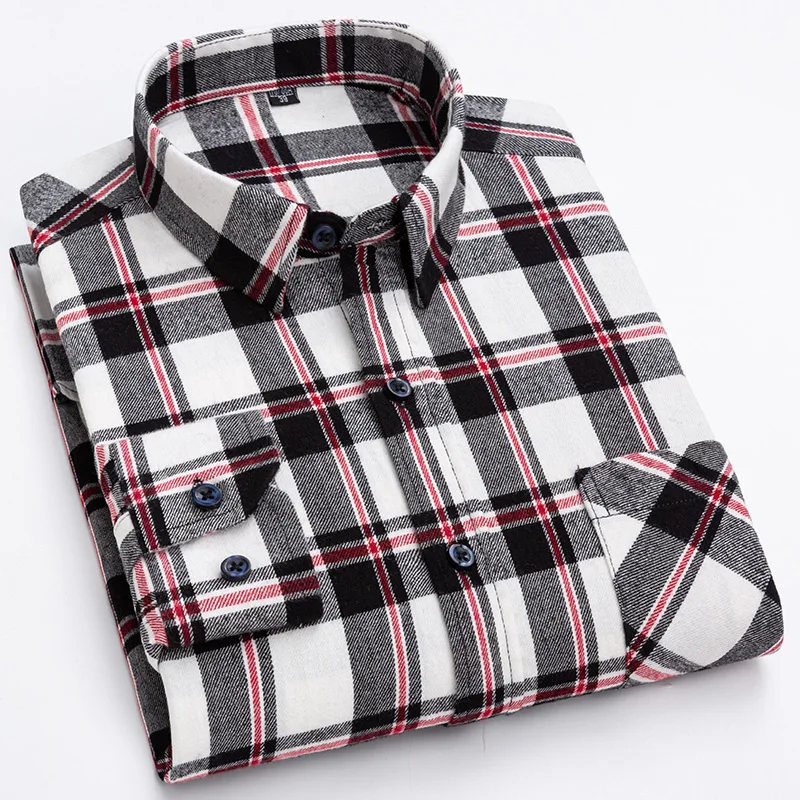 S-6XL Plaid Shirts For Men\'s Long Sleeve Cotton Fashion Single Patch Pocket Design Young Casual Standard-Fit Thick Flannel Shirt