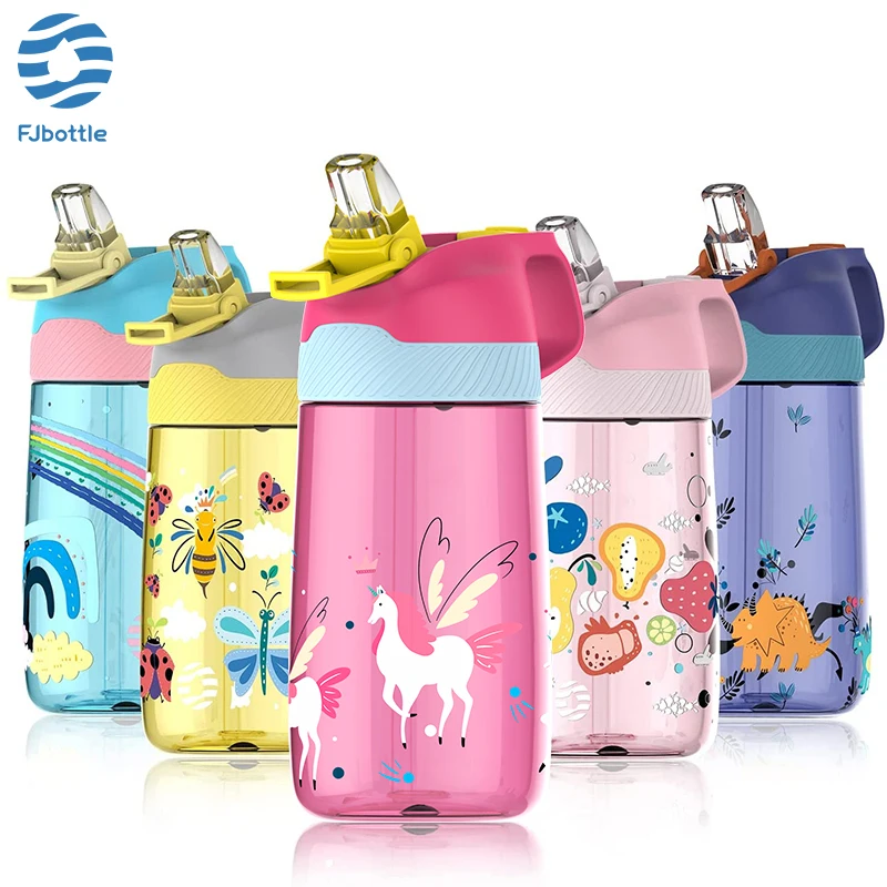 FJbottle Kids Water Bottle With Straw 450ml Drinking Bottle Eco Friendly Tritan One Touch Flip Cap BPA