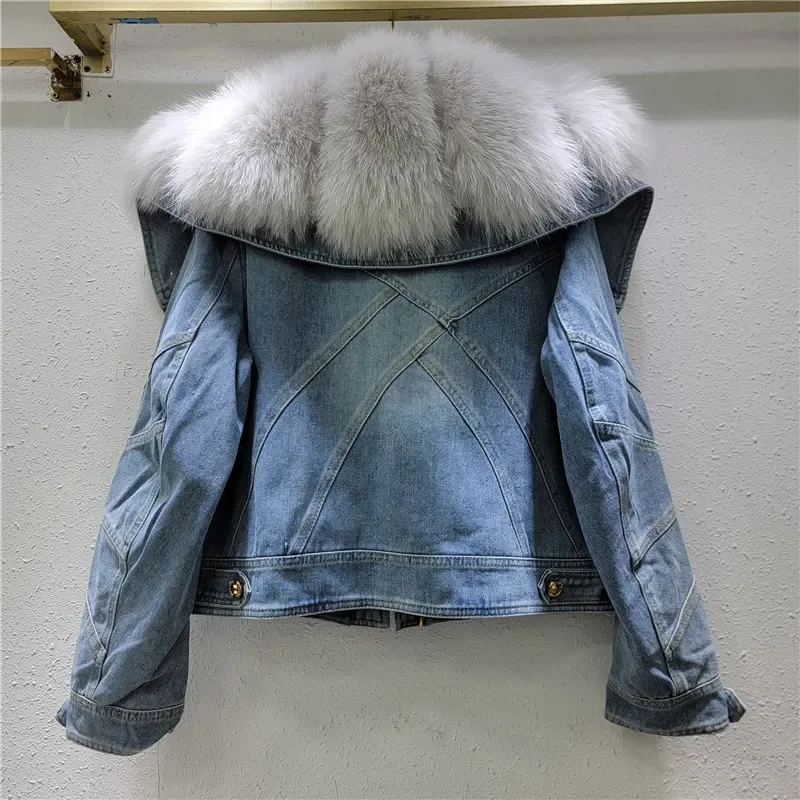 Korean Version Loose Real Fox Hair Thickened Denim Jacket Female 2024 Winter New White Duck Down Inner Down Jacket Women