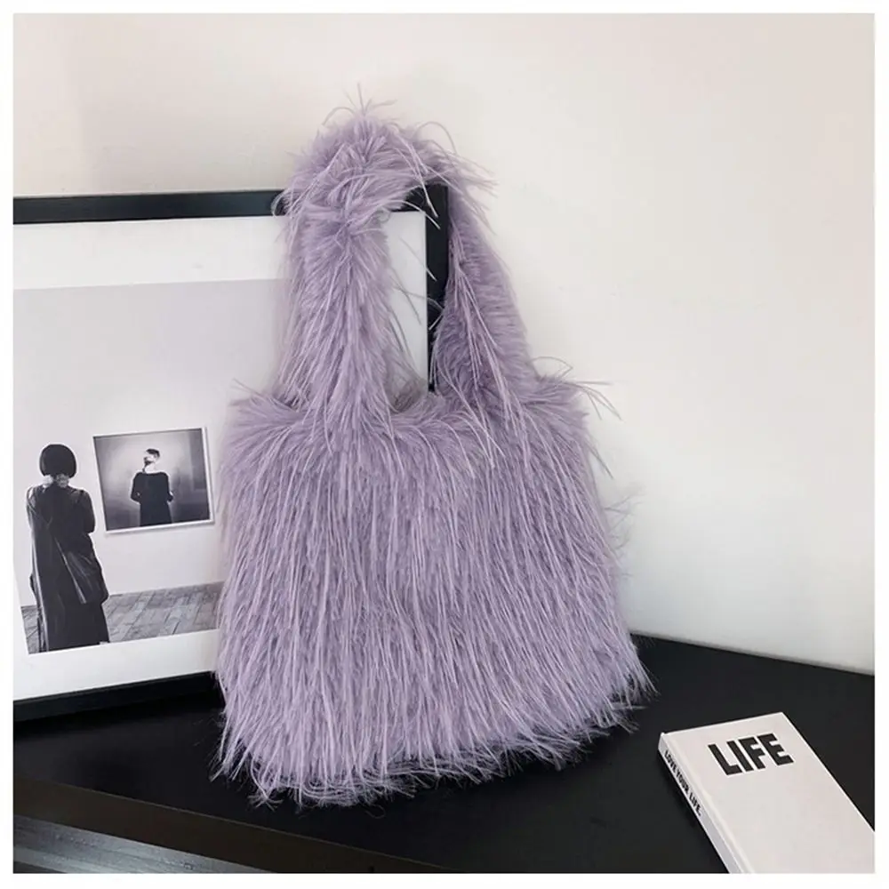 Trendy Long Tassel Shoulder Bag Plush Faux Fur Tote Handbag Large Capacity Furry Underarm Bags for Female