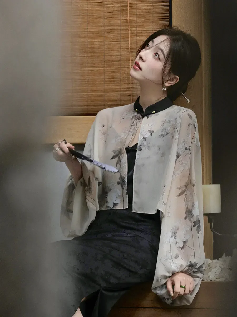 New Modern Chinese Style Buttoned Cover Shirt Classical Cardigan Jacquard Satin Suspender Cheongsam Dress Women's Two-piece Set