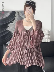 LANMREM Bubble Pleated Short Jacket For Women V-neck Puff Sleeves Lace -up Solid Color Loose Tops Fashion 2024 Clothing 2Z1146