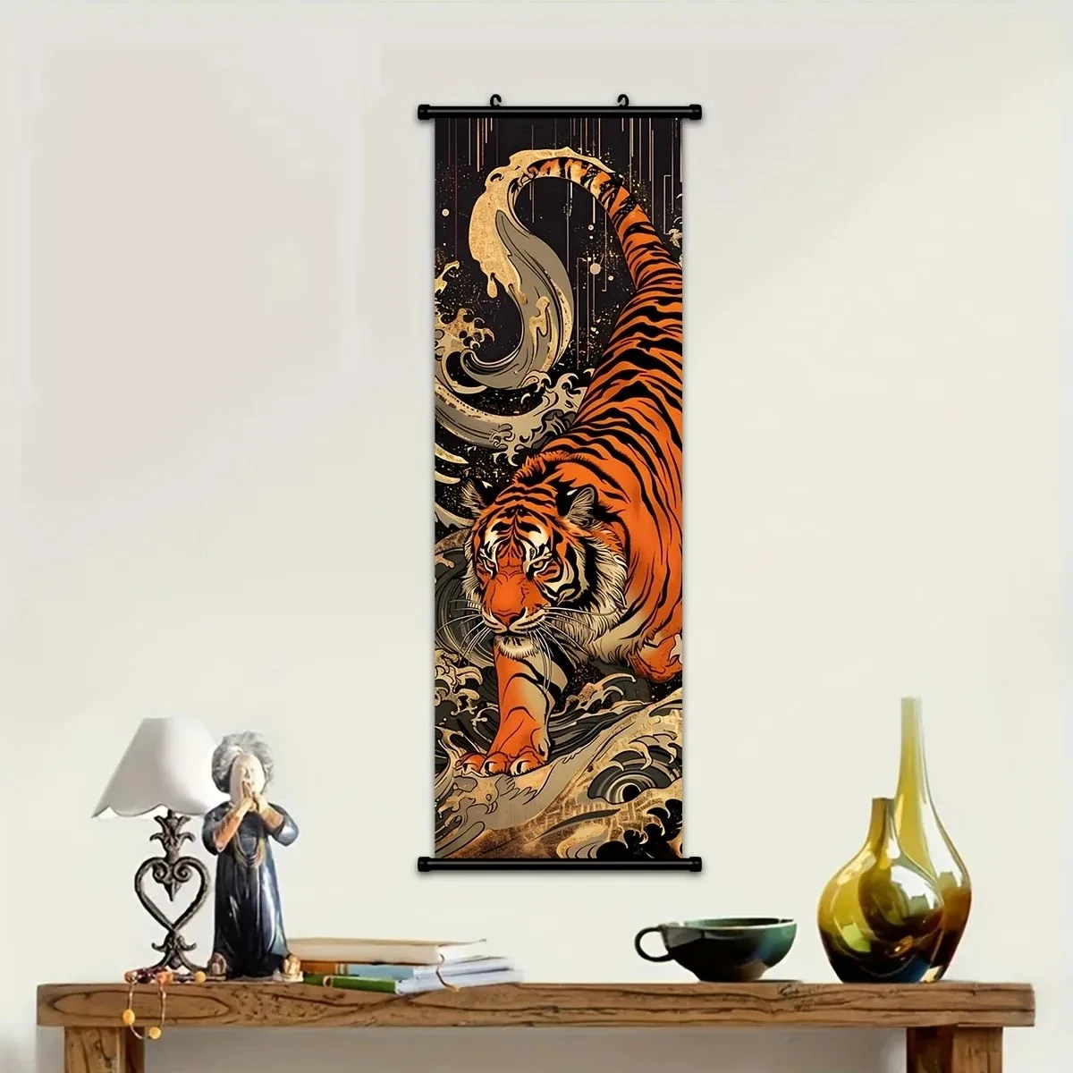 VIKAMA Japanese Orange Tiger Golden Wave 3 Piece Wall Scroll Tapestry Set Wildlife Wall Art Decor for Living Room Bedroom