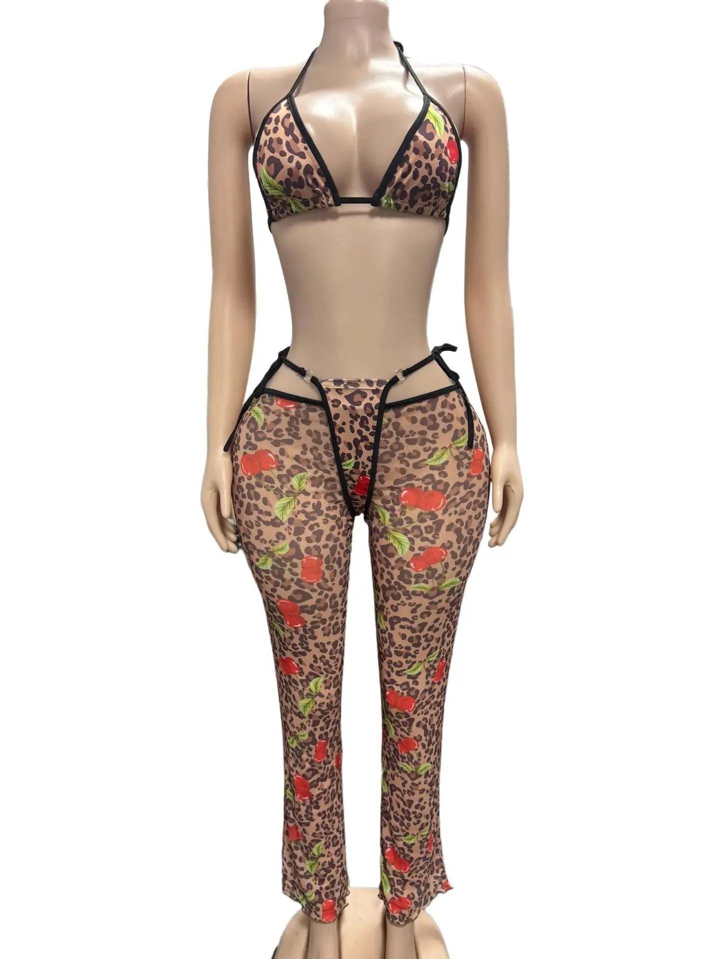 STYLISH LADY Leopard Cherry Print Mesh 2 Piece Outfit Halter Bikini Top Cutout Flare Pants 2026 Women Beach Club Matching Suit view 5