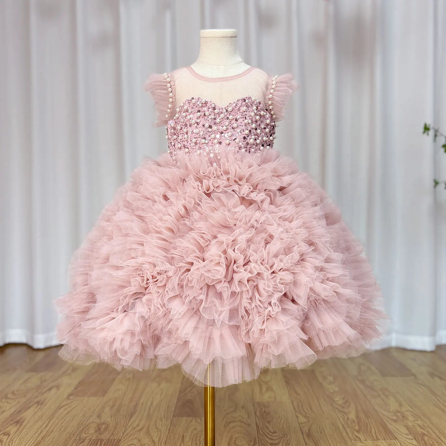 Pink Flower Girls Dresses for Wedding Sleeveless Sequins Ruffles Pearl Girl Birthday Ball Gown Princess First Communion Gowns