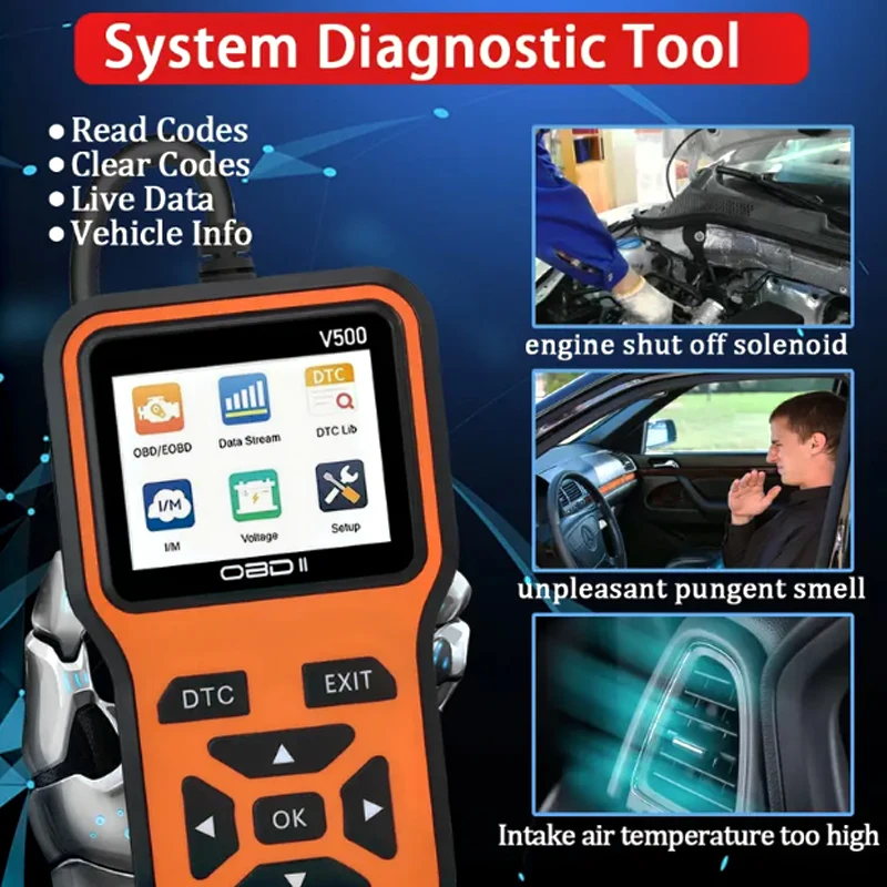

The V500 OBD2 scanner is suitable for complete ECU/ABS/transmission diagnosis of all OBDII/CAN vehicles