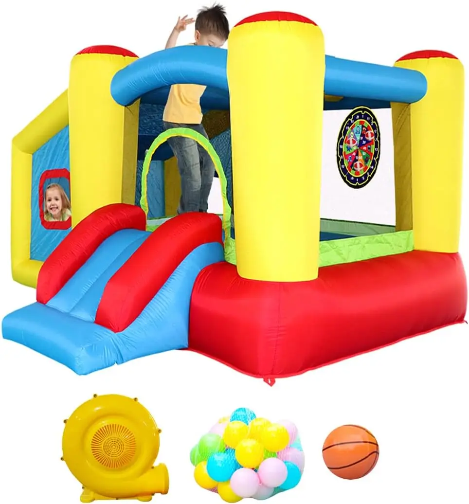 Bounce House with Blower, Jumping Castle Slide, Kids Bouncer with Ball Pit, Basketball Rim, Dart Target Game