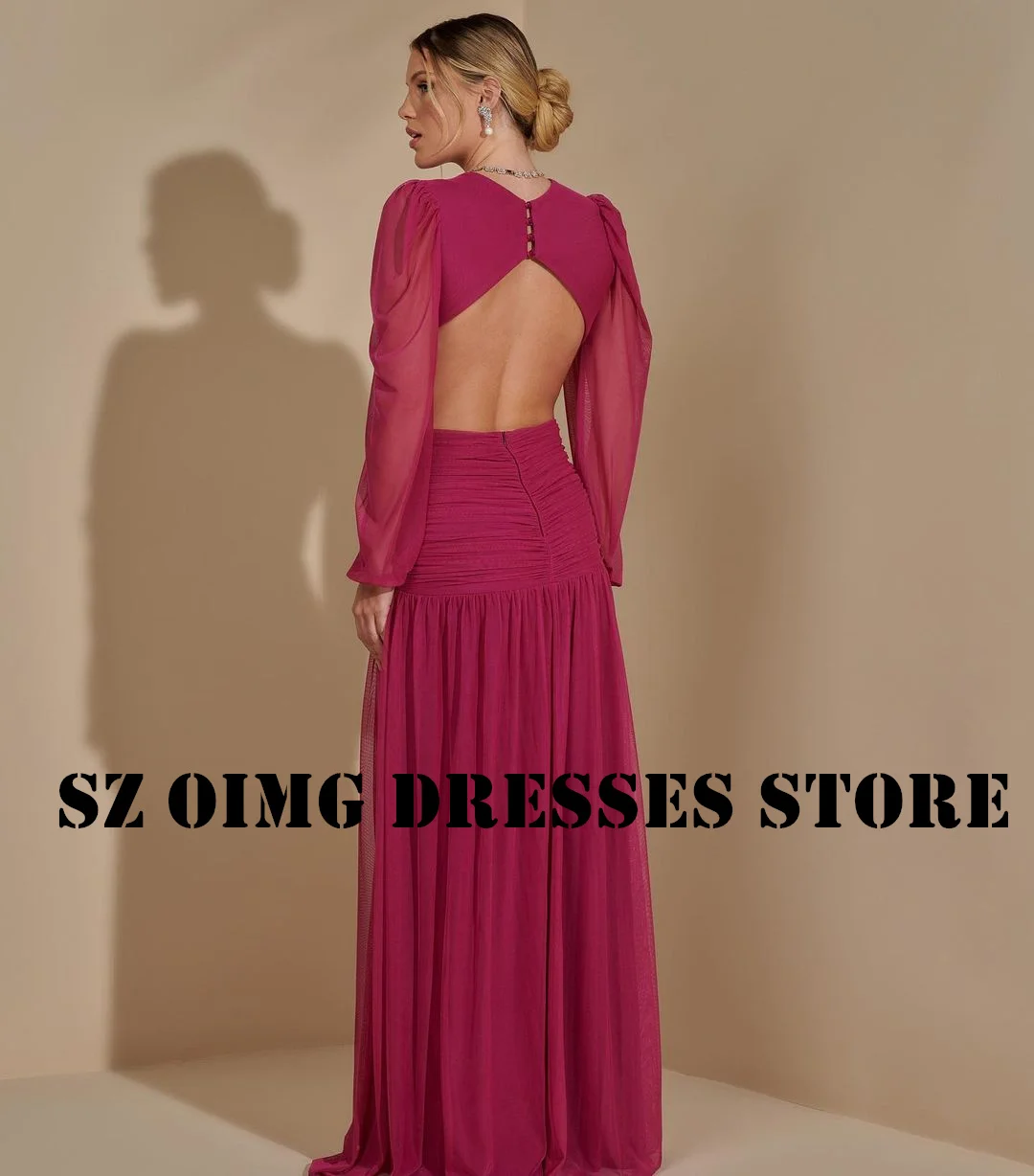 OIMG New Design Prom Dresses Arabic Fuchsia Women V-Neck  A-Line Chiffon Ruched Ruffles Evening Gowns Formal Party Dress